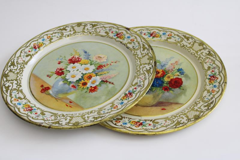 photo of vintage Daher Ware flue covers or plates, granny chic florals shabby tin litho prints #6