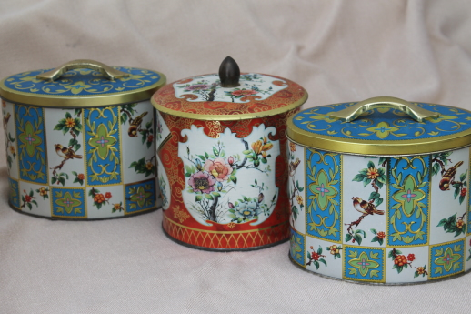 photo of vintage Daher Ware tin & English biscuit tins, metal canisters w/ birds & flowers #1