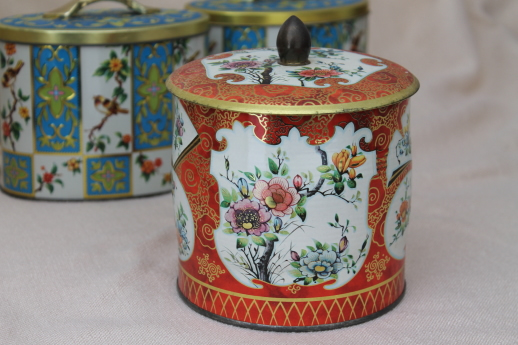 photo of vintage Daher Ware tin & English biscuit tins, metal canisters w/ birds & flowers #4