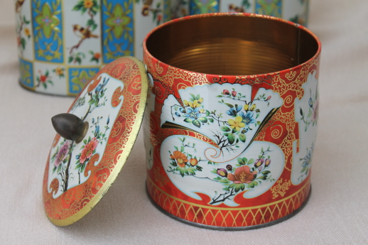 photo of vintage Daher Ware tin & English biscuit tins, metal canisters w/ birds & flowers #5