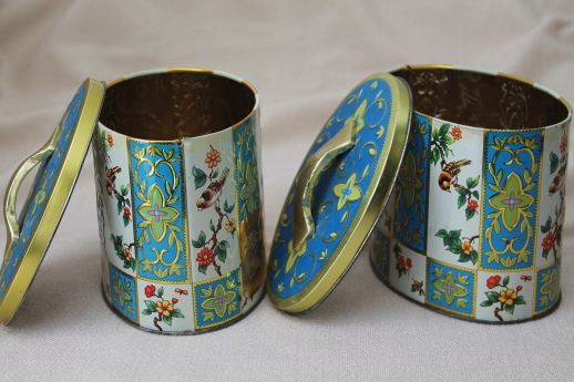 photo of vintage Daher Ware tin & English biscuit tins, metal canisters w/ birds & flowers #7