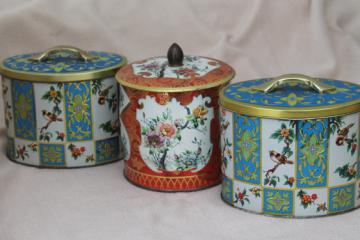 catalog photo of vintage Daher Ware tin & English biscuit tins, metal canisters w/ birds & flowers