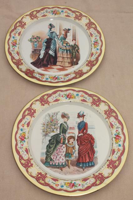 photo of vintage Daher Ware tin plates w/ Godey style antique ladies fashion prints #1