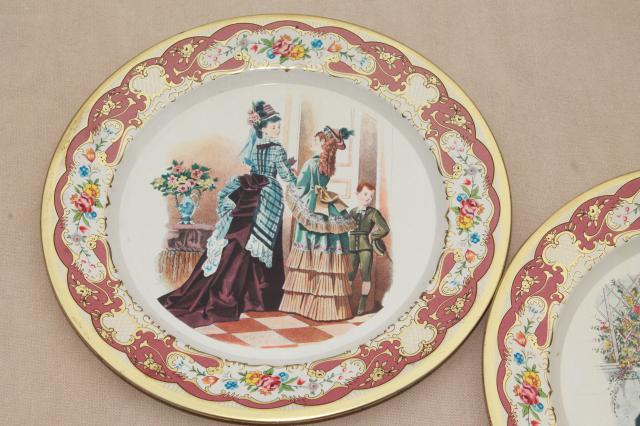 photo of vintage Daher Ware tin plates w/ Godey style antique ladies fashion prints #2