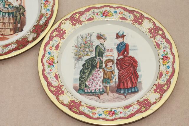 photo of vintage Daher Ware tin plates w/ Godey style antique ladies fashion prints #3