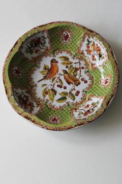 catalog photo of vintage Daher ware type bowl, robins and cherries print metal Tin Box Co made in Hong Kong 