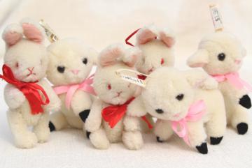 catalog photo of vintage Dakin mini animals, wool mohair plush Easter lambs & jointed bunnies toys