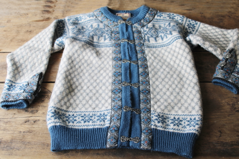 photo of vintage Dale of Norway hand knit wool sweater w/ pewter clasps, Scandinavian fair isle knitting #1