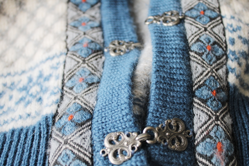 photo of vintage Dale of Norway hand knit wool sweater w/ pewter clasps, Scandinavian fair isle knitting #8