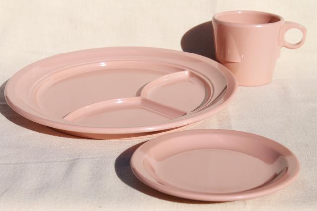 photo of vintage Dallas Ware pink melmac cafeteria dishes set for 4 - divided plates, mugs #3