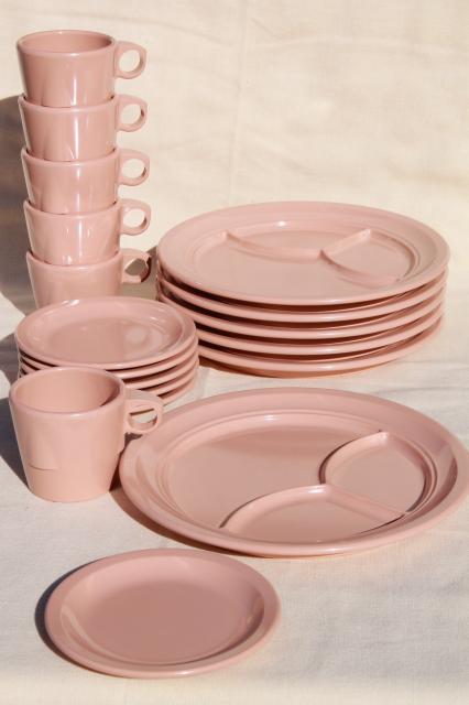 photo of vintage Dallas Ware pink melmac cafeteria dishes set for 6 - divided plates, mugs #1