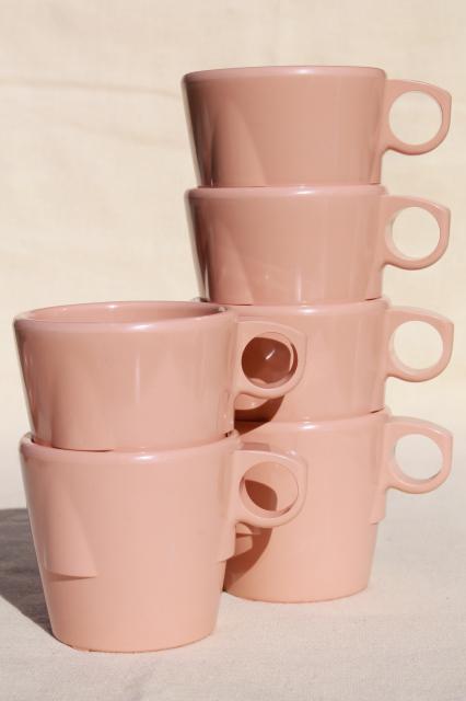 photo of vintage Dallas Ware pink melmac cafeteria dishes set for 6 - divided plates, mugs #8