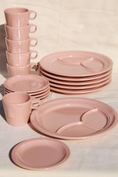 catalog photo of vintage Dallas Ware pink melmac cafeteria dishes set for 6 - divided plates, mugs