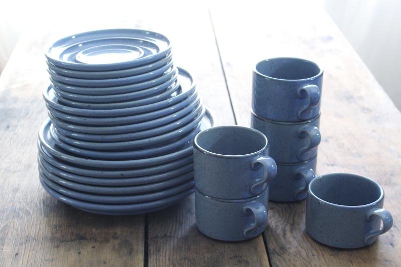 photo of vintage Dansk - Japan Nielstone dinnerware set for 6, stoneware blue tan speckled #4