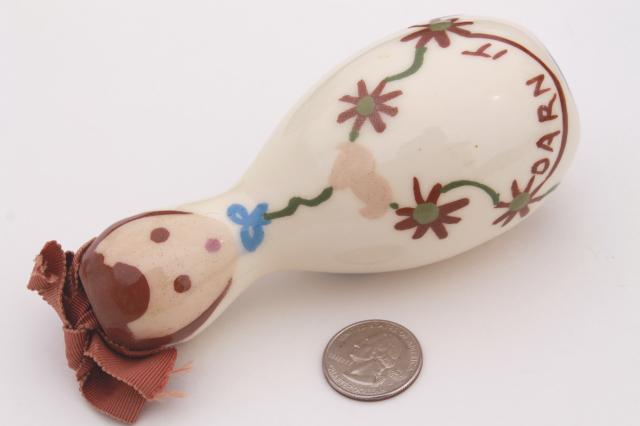 photo of vintage Darn It china doll darning egg, mid-century California pottery sock mending girl #7