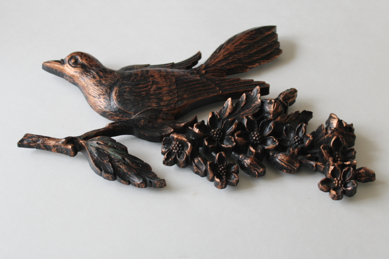 photo of vintage Dart Syroco plastic bird on a branch wall art plaque, antiqued copper color #1
