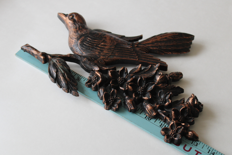 photo of vintage Dart Syroco plastic bird on a branch wall art plaque, antiqued copper color  #2