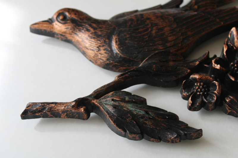 photo of vintage Dart Syroco plastic bird on a branch wall art plaque, antiqued copper color  #5