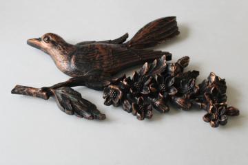 vintage Dart Syroco plastic bird on a branch wall art plaque, antiqued copper color 
