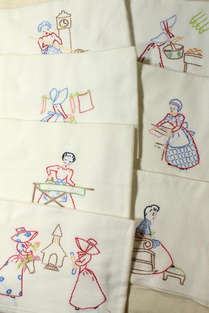 photo of vintage Days of the Week cotton flour sack towels, kitchen chores hand stitched embroidery #1