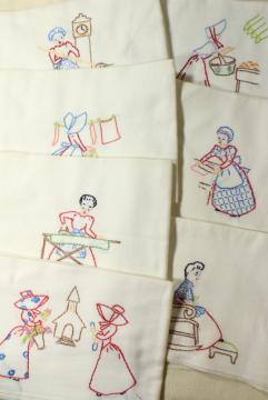 catalog photo of vintage Days of the Week cotton flour sack towels, kitchen chores hand stitched embroidery