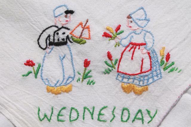 photo of vintage Days of the Week cotton floursack kitchen towels w/ embroidery, Dutch boy & girl #2