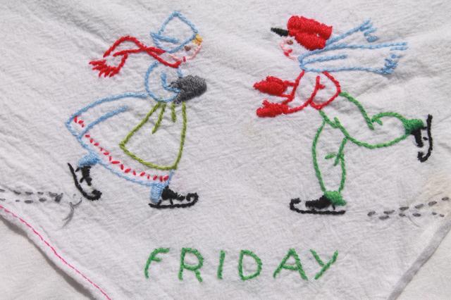 photo of vintage Days of the Week cotton floursack kitchen towels w/ embroidery, Dutch boy & girl #4