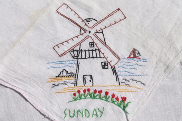 photo of vintage Days of the Week cotton floursack kitchen towels w/ embroidery, Dutch boy & girl #11