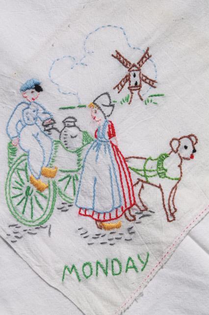 photo of vintage Days of the Week cotton floursack kitchen towels w/ embroidery, Dutch boy & girl #12