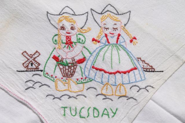 photo of vintage Days of the Week cotton floursack kitchen towels w/ embroidery, Dutch boy & girl #13