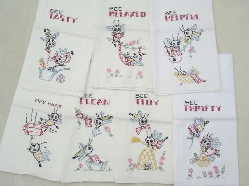 photo of vintage Days of the Week embroidered kitchen towels, busy bee worker bees! #1