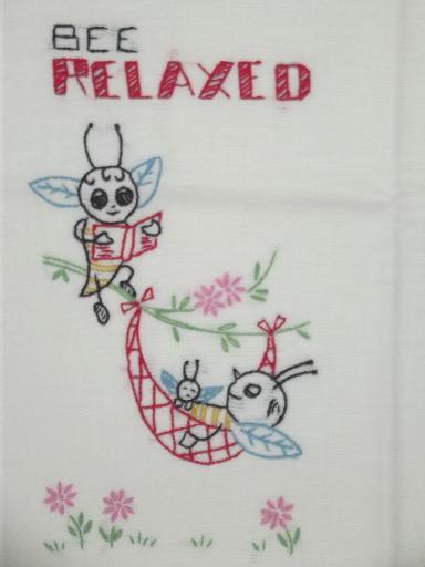 photo of vintage Days of the Week embroidered kitchen towels, busy bee worker bees! #5