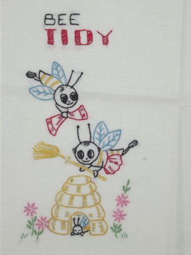 photo of vintage Days of the Week embroidered kitchen towels, busy bee worker bees! #6