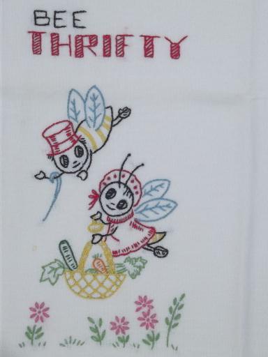 photo of vintage Days of the Week embroidered kitchen towels, busy bee worker bees! #8