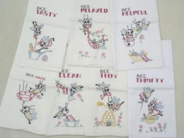 catalog photo of vintage Days of the Week embroidered kitchen towels, busy bee worker bees!