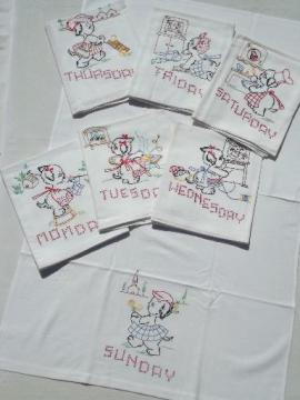 catalog photo of vintage Days of the Week embroidered kitchen towels, puppies doing chores