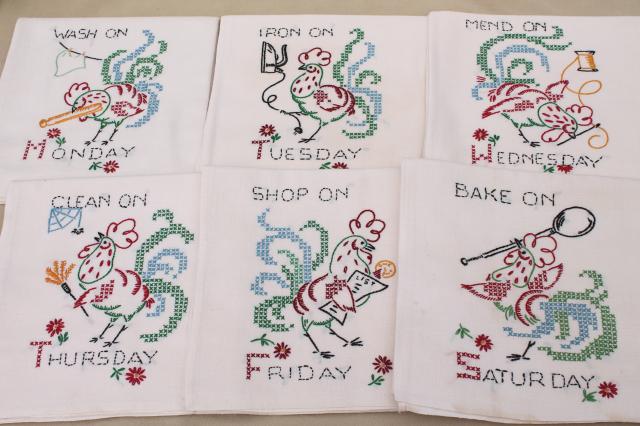 photo of vintage Days of the Week kitchen chores embroidered flour sack cotton feedsack towels #1