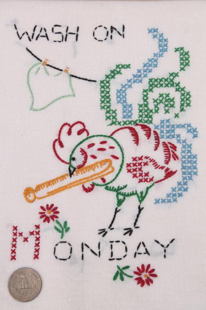 photo of vintage Days of the Week kitchen chores embroidered flour sack cotton feedsack towels #3