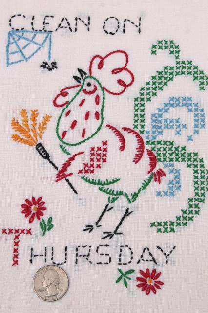 photo of vintage Days of the Week kitchen chores embroidered flour sack cotton feedsack towels #6