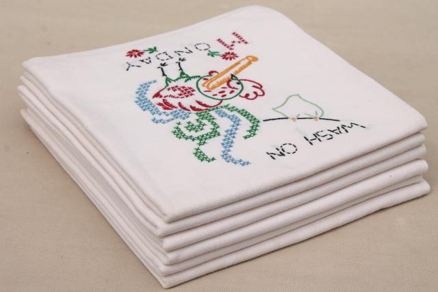 photo of vintage Days of the Week kitchen chores embroidered flour sack cotton feedsack towels #9