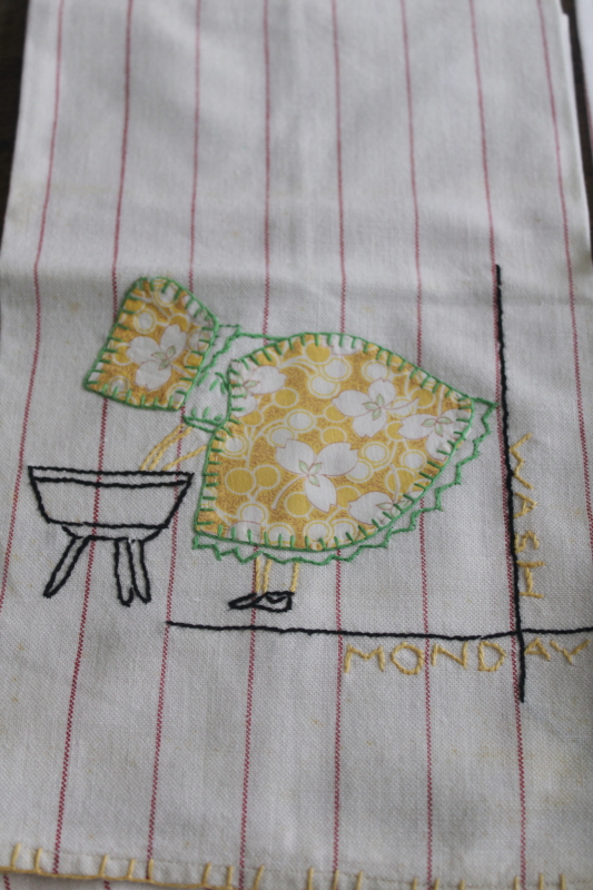 photo of vintage Days of the Week towels, sunbonnet girl chores embroidered applique cotton feed sack  #3