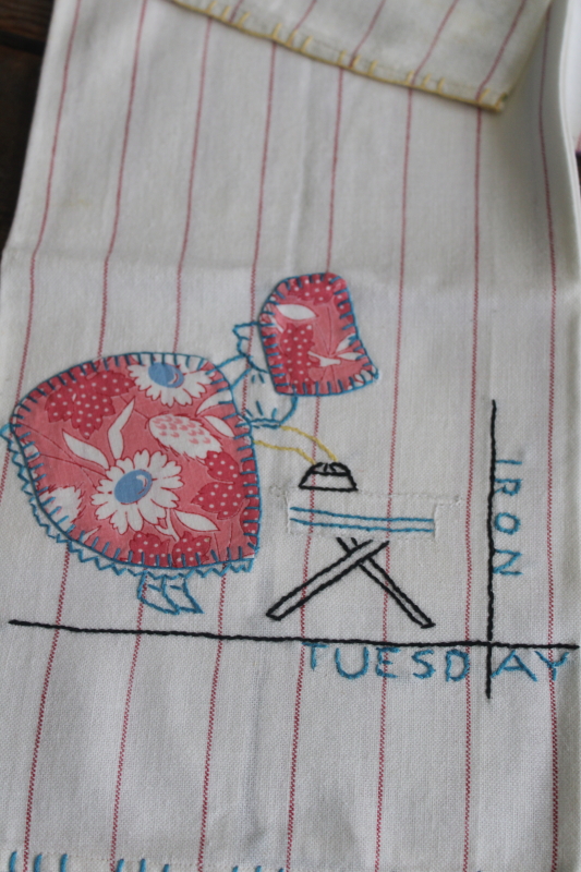 photo of vintage Days of the Week towels, sunbonnet girl chores embroidered applique cotton feed sack  #4