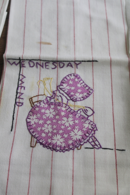 photo of vintage Days of the Week towels, sunbonnet girl chores embroidered applique cotton feed sack  #5