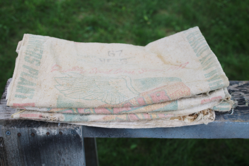photo of vintage Dekalb advertising seed corn sacks, worn faded farm primitives, printed cotton grain bags  #3
