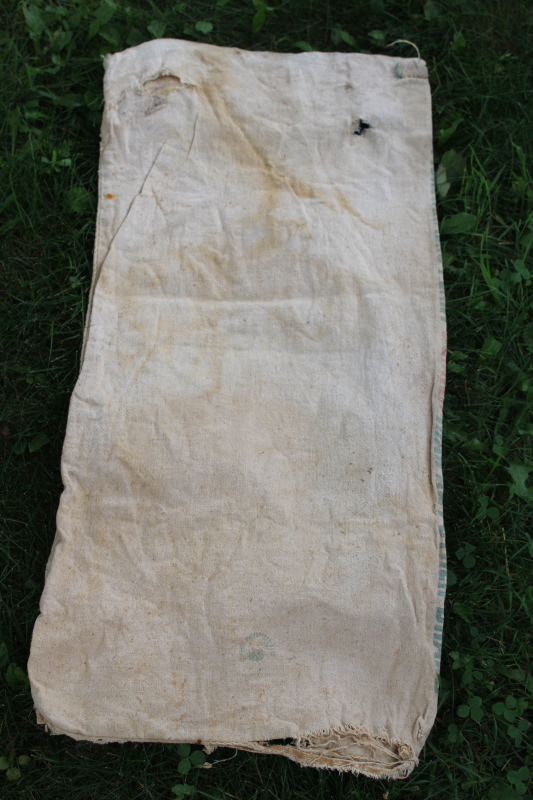 photo of vintage Dekalb advertising seed corn sacks, worn faded farm primitives, printed cotton grain bags  #5