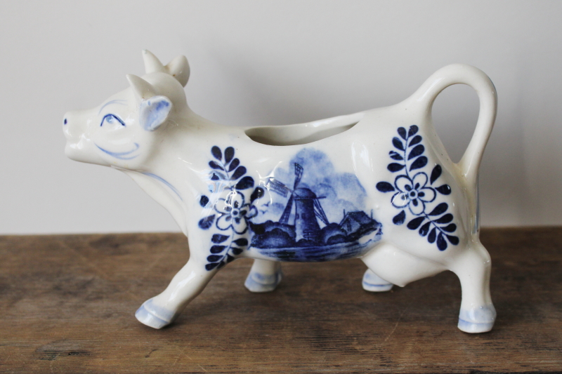 photo of vintage Delft blue & white ceramic cow creamer, cow figurine cream pitcher  #1
