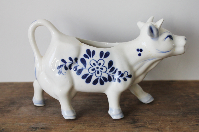 photo of vintage Delft blue & white ceramic cow creamer, cow figurine cream pitcher  #2