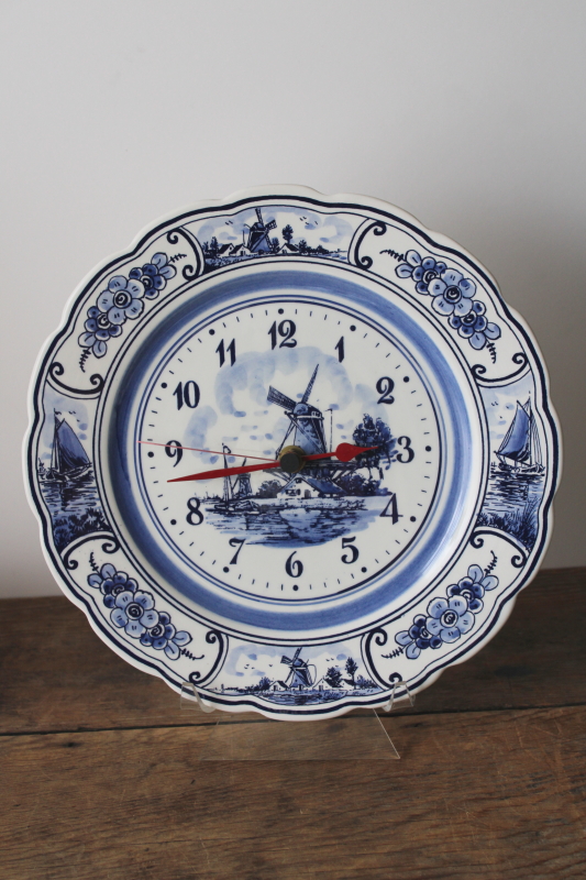 photo of vintage Delft blue and white hand painted pottery wall clock, decorative plate w/ battery clock  #1