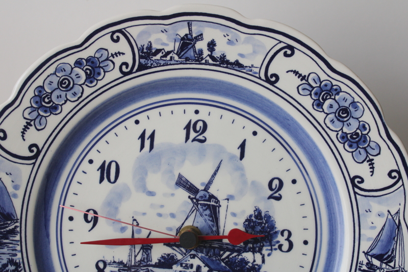 photo of vintage Delft blue and white hand painted pottery wall clock, decorative plate w/ battery clock #2