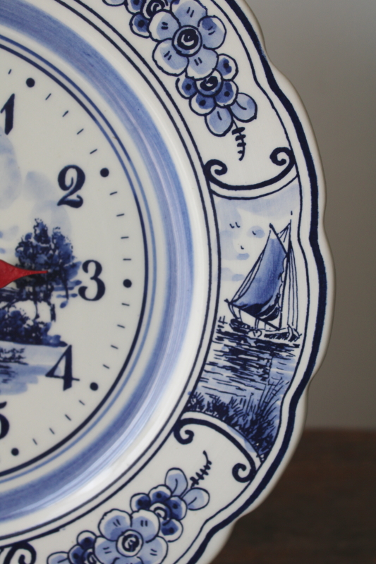 photo of vintage Delft blue and white hand painted pottery wall clock, decorative plate w/ battery clock #3